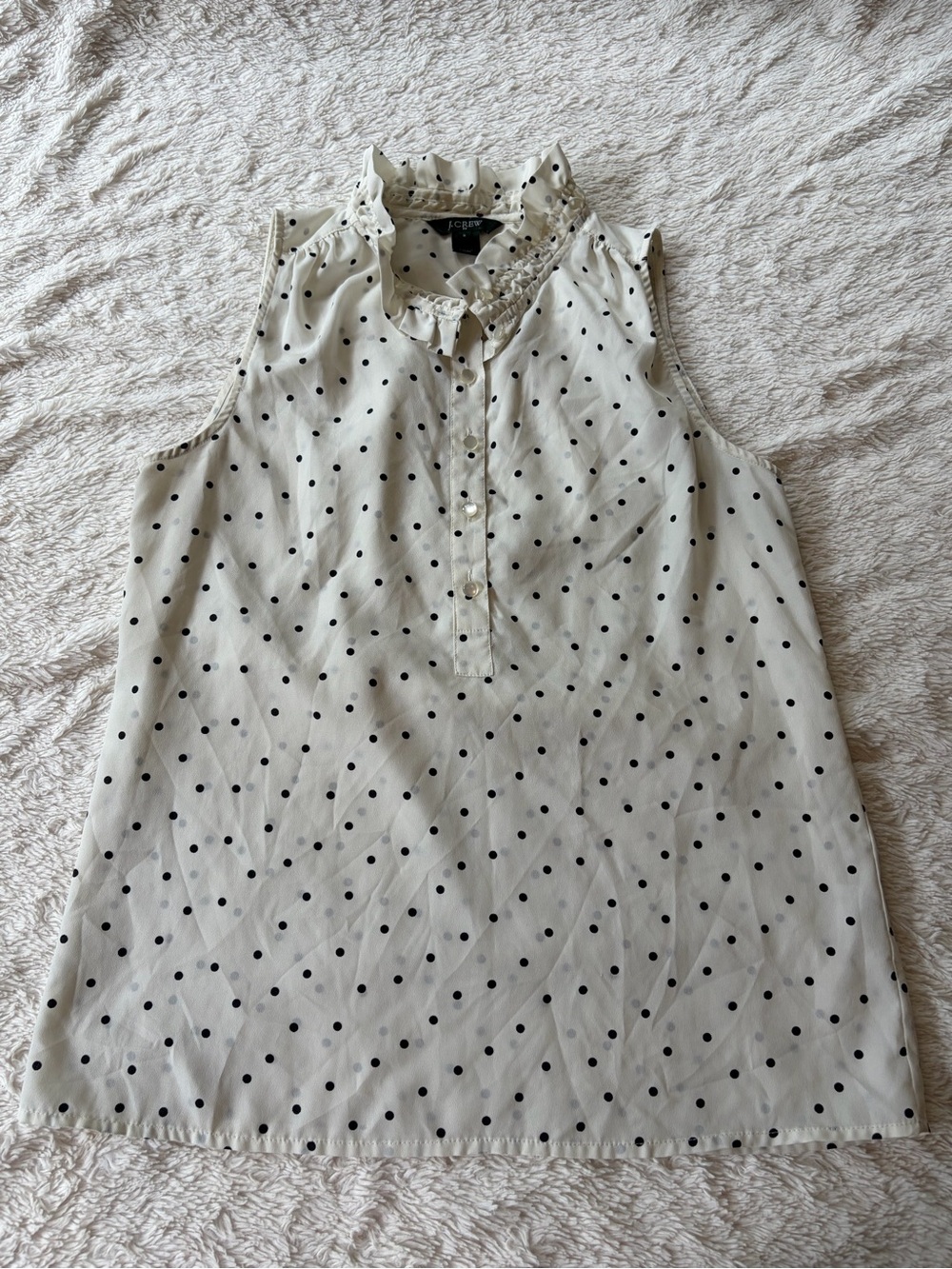 J Crew Sleeveless Cream Polka Dot Ruffle Neck Top